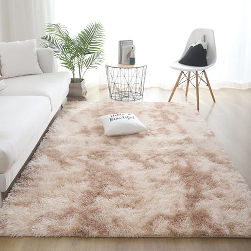 Orbezil Hochflor Teppich Wohnzimmer Tie-dye Hellbraun 140x200cm Anti-Rutsch Extra Große Teppiche Flauschige Moderne Matte Carpet Rug Mädchen Schlafzimmer und Kinderzimmer von Orbezil