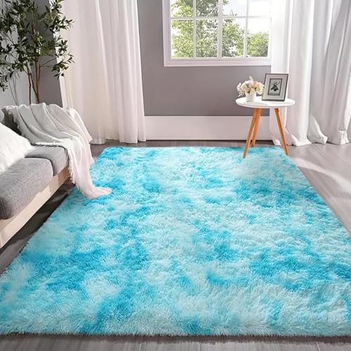 Orbezil Hochflor Teppich Wohnzimmer Tie-dye Himmelblau 140x200cm Anti-Rutsch Extra Große Teppiche Flauschige Moderne Matte Carpet Rug Mädchen Schlafzimmer und Kinderzimmer von Orbezil