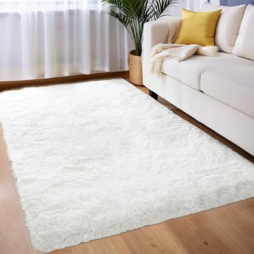 Orbezil Hochflor Teppich Wohnzimmer Weiß 140x200cm Anti-Rutsch Extra Große Teppiche Flauschige Moderne Matte Carpet Rug Mädchen Schlafzimmer und Kinderzimmer von Orbezil