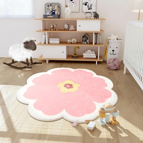 Orbezil Kinderzimmer Teppiche 100cm Rund Rosa Blumen Teppich Weicher Kuscheliger Carpet Wohnzimmer Mädchen Kinderteppich Schlafzimmer von Orbezil
