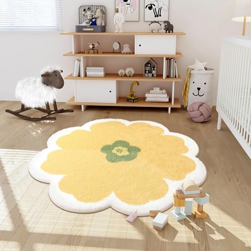Orbezil Kinderzimmer Teppiche 120cm Rund Gelb Blumen Teppich Weicher Kuscheliger Carpet Wohnzimmer Mädchen Kinderteppich Schlafzimmer von Orbezil