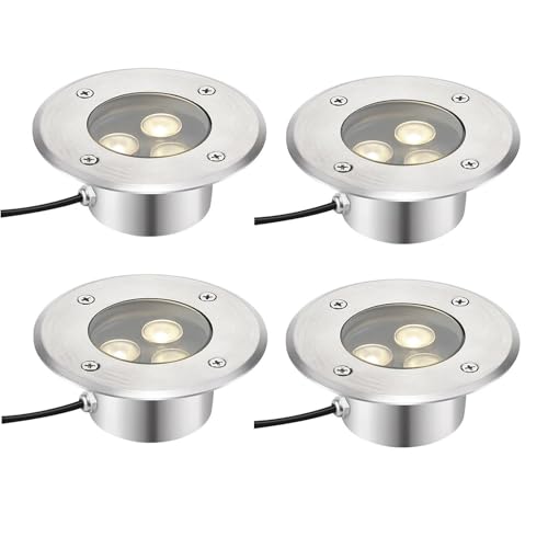 OrbitCob® Outdoor LED Einbaustrahler 3W IP68 Wasserdicht Edelstahl Unterwasserlicht für Schwimmbad, Garten, Brunnen, Terrasse, Deck (4er-Set, 4cm Dicke)(Kaltweiß 6000K,12V) von OrbitCob