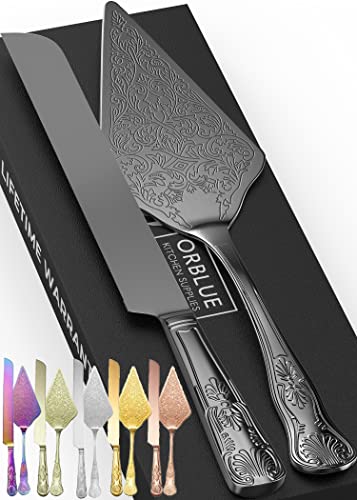 Orblue Wedding Cake Knife and Server Set - Premium, Beautifully Engraved Cutting Set - Elegant Keepsake for Newlyweds- Black von Orblue