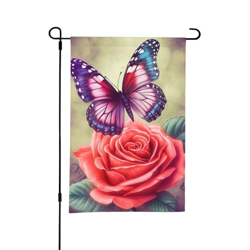 Gartenflagge mit Schmetterlings- und Rosen-Druck, doppelseitig, 45 x 30 cm, Feiertagsparty-Flagge, alle Jahreszeiten, Willkommensflagge für den Außenbereich, Bauernhaus-Dekoration, Zuhause von OrcoW