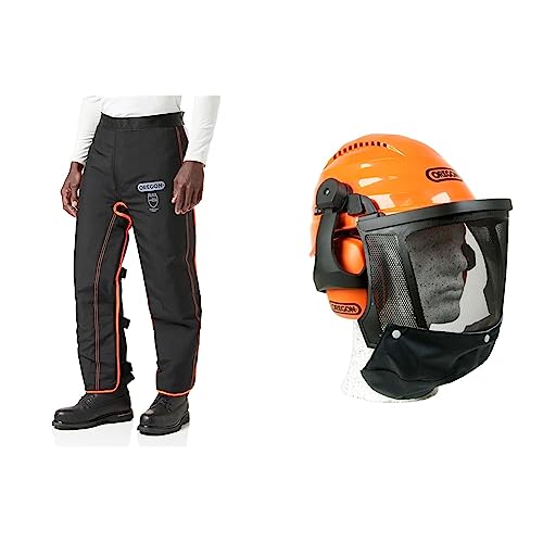 Oregon Herren 575780 Universal Typ A Sicherheits-Leggings, Schwarz, & Waipoua Professioneller Kettensägen-Sicherheitshelm mit Gehörschutzmanschette und Netzvisier, (562413), Einheitsgröße, Orange von Oregon