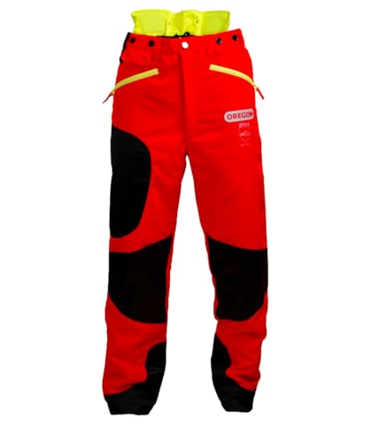 Oregon Waipoua Kettensägen-Schnittschutzhose, Typ A Klasse 1, sägesicherer Schutz, verstellbare, leichte, atmungsaktive, verstärkte Kleidung, Größe 2XL/EU 58-60–Hi Vis Rot/Gelb/Schwarz (295469/2XL) von Oregon