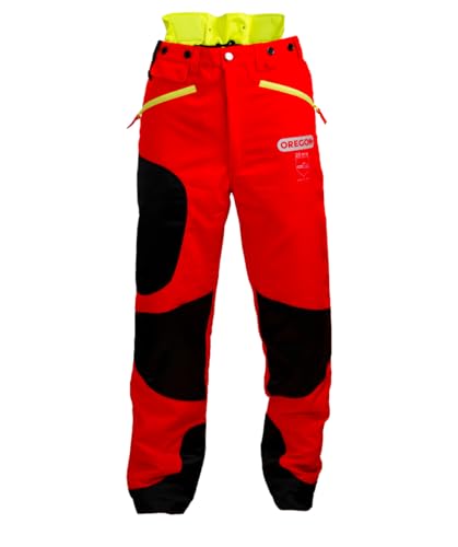 Oregon Waipoua Kettensägen-Schnittschutzhose, Typ A Klasse 1, sägesicherer Schutz, verstellbare, leichte, atmungsaktive, verstärkte Kleidung, Größe 3XL/EU 62-64–Hi Vis Rot/Gelb/Schwarz (295469/3XL) von Oregon