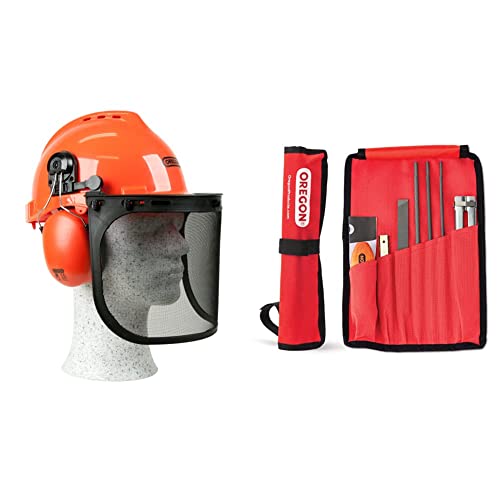 Oregon Yukon Kettensägen-Sicherheitshelm mit Gehörschutz und Netzvisier (562412), Orange & Universal-Kettensägen-Feilensatz, Kettensägen Schärfgerät Wartungssatz für Sicheres Rot – gerollte Tasche von Oregon