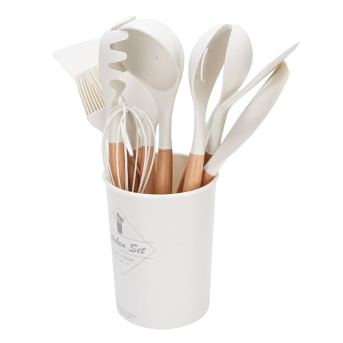 Oreilet Kochutensilien Set Silikon, 11-teiliges Küchenutensilien-Set mit Halter, Holzgriffen, Hitzebeständigem Pfannenwender, Spatel, Löffel, Schneebesen Bürste für Kochgeschirr von Oreilet