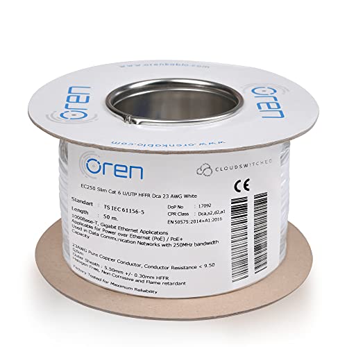 Oren CAT6 50m Ethernet Kabel Weiß - Schlank - 23 AWG Reines Kupferdraht - 250 MHz Bandbreite UTP Internet LAN Netzwerkkabel - Halogenfrei, Korrosionsfrei - Gigabit High Speed Ethernet Kabel von Oren Kablo