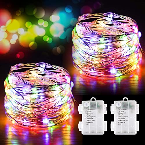 Oreunik Lichterkette Batterie, [2 Stück] 2×100 LED Lichterkette Innen/außen 8 Modi Lichterkette Kinderzimmer Wasserdichte Kupferdraht für Balkon,Garten,Party,Hochzeit,Zimmer Dekoration (Bunt) von Oreunik