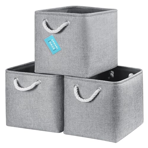 OrganiHaus Aufbewahrungsbox 28x28cm 3er-Set, Würfelkörbe aus Stoff mit Seilgriffen, Faltbare Aufbewahrungswürfel für Kallax Organizer, Ablagekörbe für das Kinderzimmer Grau von OrganiHaus