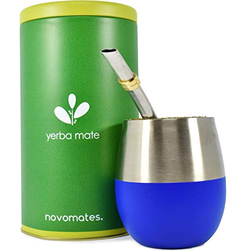 Novomates Mate Becher Mate Tee Set- Doppelwandiger Edelstahl Mate Tee Becher mit Bombilla Mate und Yerba-Behälter- 237 ml, Blau von Organic Deal