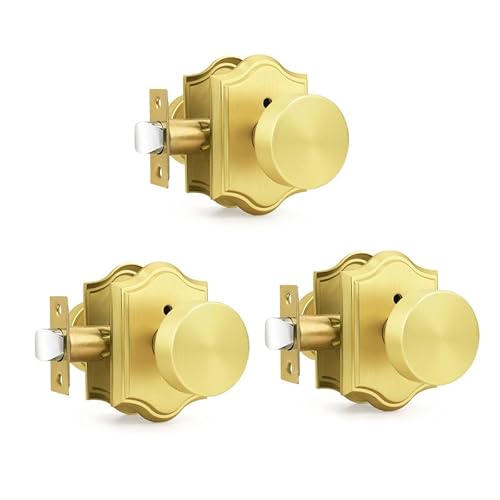 Orger Gold-Türknauf innen, Zinklegierung, gebürstetes Gold, Türknäufe mit Schloss, robuster Sichtschutz-Türknauf für Badezimmer und Schlafzimmer, 3 Stück von Orger