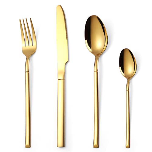 OriGlam Silbergeschirr Set, Edelstahl Flatware Besteck Set, Essgeschirr Geschirr beinhaltet Gabelmesser Löffel, Spülmaschinenfest (Gold) von OriGlam