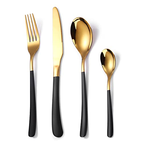 OriGlam Silbergeschirr Set, Flachbesteck Set, Edelstahl Küchengeschirr Set Geschirr, Besteck Set für Haus und Restaurant (Schwarz/Gold) von OriGlam