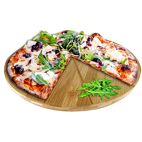 Oriamo® Pizzateller Bambus 33 cm Durchmesser, schnittfestes Pizzabrett mit 6-facher Einteilung für gleichmäßig große Stücke, Holzteller für Pizza, Schneidbrett aus Holz (33 cm) von Oriamo