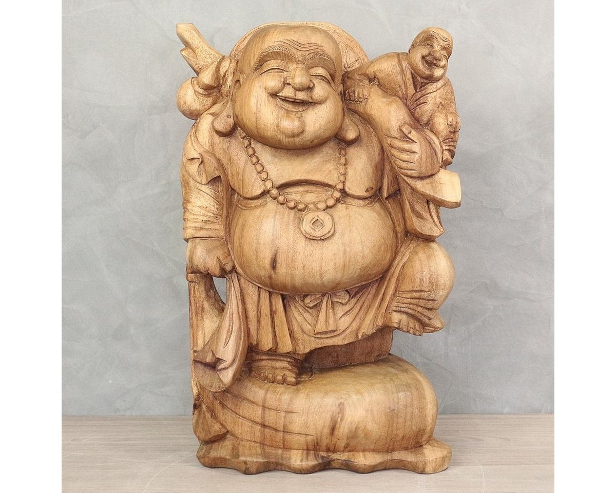 Oriental Galerie Dekofigur Holzfigur Happy Buddha Massiv mit Buddha auf Schulter 50 cm (1 St) von Oriental Galerie