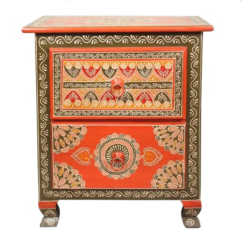 Oriental Galerie Kommode mit Zwei Schubladen Indien Nachtkonsole Schrank Schränkchen Schubladenschrank Rot Bunt 52 cm von Oriental Galerie