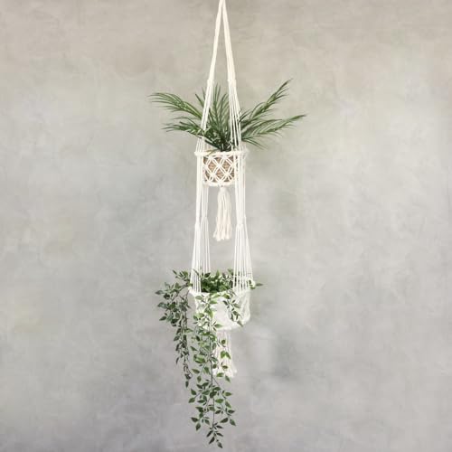 Oriental Galerie Makramee hängende Blumenampel Topfhalter Boho Deko für Innen und Außen Gewebter Blumentopf Weiß Halterung doppelt 125 cm von Oriental Galerie