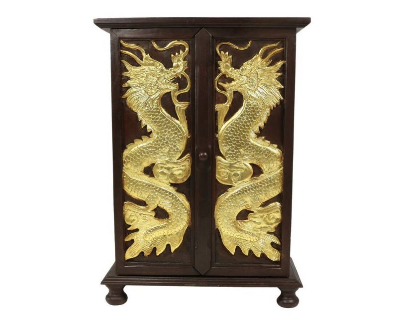 Oriental Galerie Mehrzweckschrank Schrank Wandschrank Holzschrank Kommode Flurschrank 90 cm Drachen Gold (1-St) Flurschrank, Dielenschrank, Schlüsselablage Flur, Asiatische Möbel von Oriental Galerie