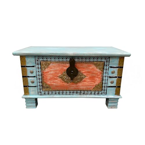 Oriental Galerie Shabby Chic Holztruhe mit Messingbeschlag Schatztruhe Truhe Kiste Box Holz Indien Massiv Antik-Optik Hellblau Orange 80cm von Oriental Galerie
