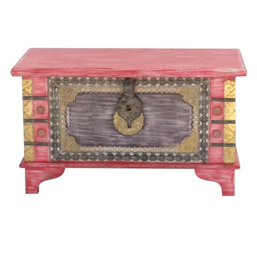 Oriental Galerie Shabby Chic Holztruhe mit Messingbeschlag Schatztruhe Truhe Kiste Box Holz Indien Massiv Antik-Optik Rot 80 cm von Oriental Galerie