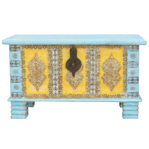 Oriental Galerie Shabby Chic Holztruhe mit Messingbeschlag Schatztruhe Truhe Kiste Box Holz Indien Massiv Antik-Optik Türkis Gelb 80cm von Oriental Galerie