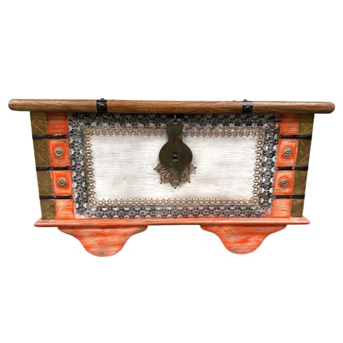 Oriental Galerie Shabby Chic Holztruhe mit Messingbeschlag Schatztruhe mit Rollen Truhe Kiste Box Holz Indien Massiv Antik-Optik Rot Braun 80 cm von Oriental Galerie