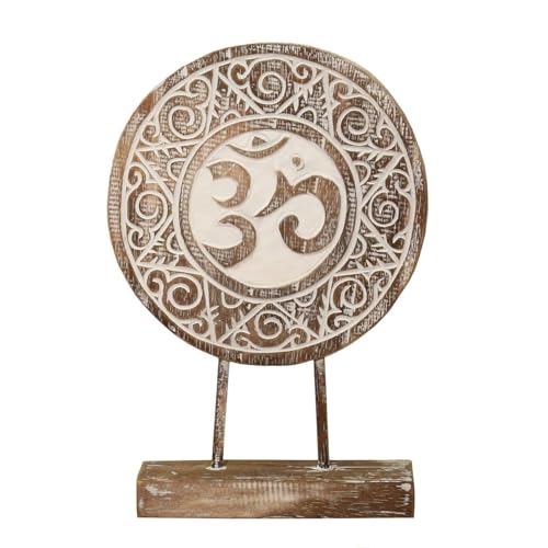 Oriental Galerie Skulptur Om Symbol,Aum' Zeichen Relief Matra Devanagari ohm Deko Holz Mandala Münze auf Sockel ca. 40 cm von Oriental Galerie