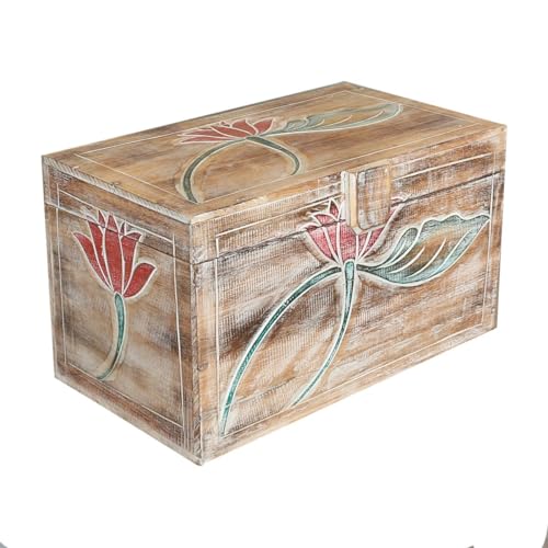 Oriental Galerie Truhe Holzkiste Holztruhe Schatztruhe Kiste Box Palmenholz Holzbox Blumen Schnitzereien Shabby Used Look Modell Baris Mittel 50 cm von Oriental Galerie