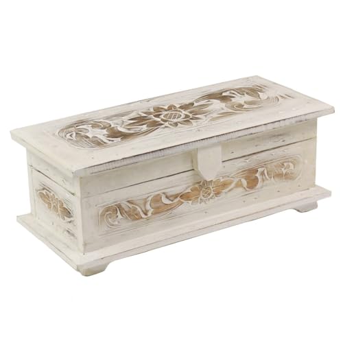 Oriental Galerie Truhe Holzkiste Holztruhe Schatztruhe Kiste Box Palmenholz Holzbox Blumen Schnitzereien Shabby Used Look Weiß Klein 40 cm Design 2 von Oriental Galerie