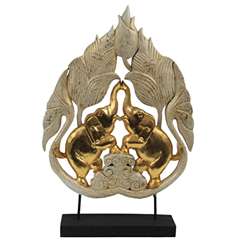 Skulptur auf Sockel Elefant Paar Relief Orient Asien Thailand Glückssymbol Glücksbringer Tempelskulptur ca. 60 cm Holz Gold Antik Weiß von Oriental Galerie