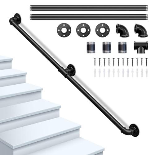 Handlauf Treppe, Orifesio Handläufe für Treppen, Treppenhandlauf Verzinktes Rohr für Altere Behinderte Kinder, Treppengeländer Innen Außen, Sicherheitshandlauf Schwarz Rutschfeste mit Zubehör, 150CM von Orifesio