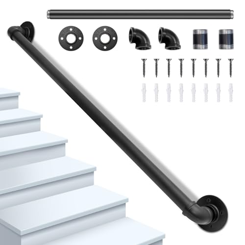 Orifesio Handlauf Treppe, Handläufe für Treppen, Treppenhandlauf Verzinktes Rohr für Altere Behinderte Kinder, Treppengeländer Innen Außen, Sicherheitshandlauf Schwarz rutschfeste mit Zubehör, 100CM von Orifesio