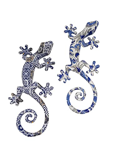 ORIGEN Set 2 Geckos aus Kunstharz, 1 Wanddeko oder zum Aufstellen, Modell Retro Blues, Höhe 17 cm von ORIGEN