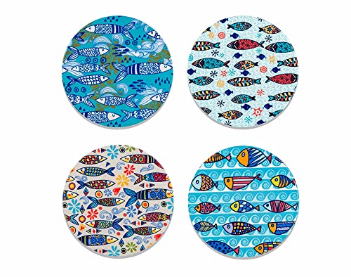 Set mit 4 Untersetzern aus Keramik: Blaue Fische, Kollektion am Meer, Durchmesser 11 cm von Origen