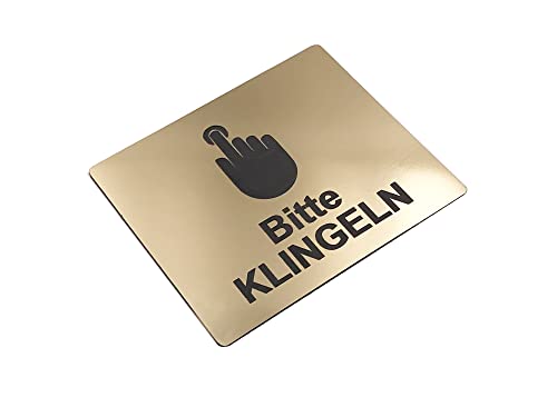 Schild „Bitte klingeln“, Klebesticker-Hinweis, GOLD graviert mit universellem Icon-Symbol und Text auf Deutsch ¦ Türschild ¦ (Größe 12 cm x 10 cm) (Gold) von Origin