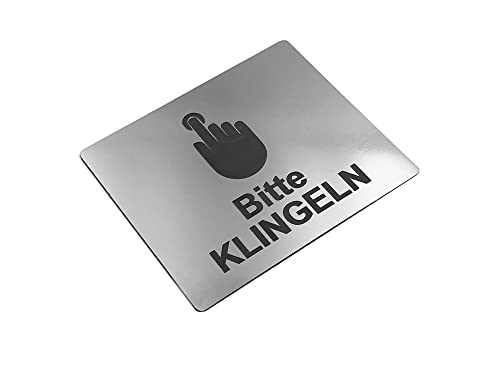 Schild „Bitte klingeln“ ¦ Klebesticker-Hinweis ¦ Metallisch SILBER graviert mit universellem Icon-Symbol und Text auf Deutsch ¦ Türschild ¦ (Größe: Ca. 12 cm x 10 cm) (Silber) von Origin