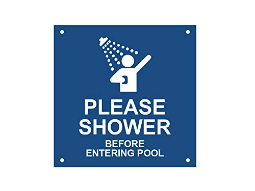 Acrylschild mit Aufschrift "Please Shower Before Entering Pool", robust, wasserdicht, mit Bohrlöchern (Blau und Weiß/Schwarz und Weiß) (Blau) von OriginDesigned