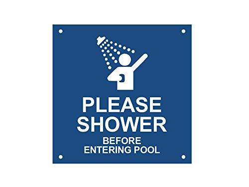 OriginDesigned Schild mit Aufschrift „Please Shower Before Entering Pool“ – robustes, wasserdichtes Acrylschild, Hinweisschild mit Bohrlöchern (blau und weiß/schwarz und weiß) (blau). von OriginDesigned