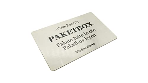 Paketkasten Schild – "Pakete bitte in die Paketbox legen Vielen Dank" – Metall, Aluminium mit Kleber, Hinweis für Lieferungen, Pakete, Post, Notiz, Plakette, Metal (Silber) von OriginDesigned