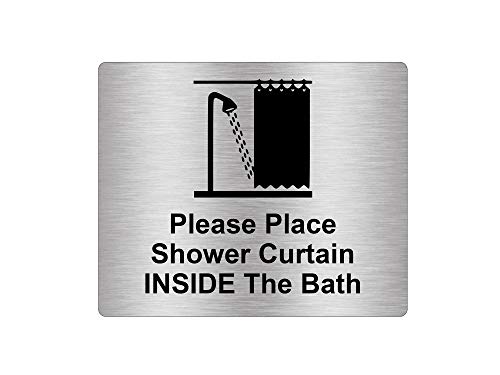 Please Place Duschvorhang Inside The Bath Schild, selbstklebend, metallisch silberfarben, mit Universal-Symbol und Text (Größe 12cm x 10cm) von OriginDesigned