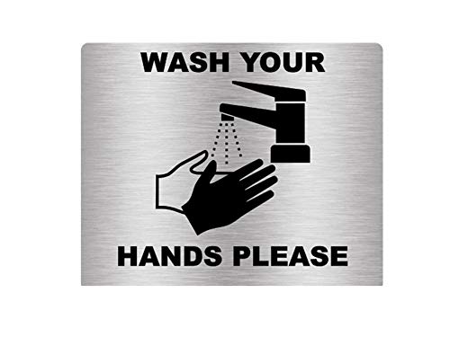 Wash Your Hands Please Sign Selbstklebender Aufkleberhinweis, metallic-Gold/Silber-graviert, schwarz mit Universal-Symbol und Text (Größe 120mm x 100mm), Silber von OriginDesigned