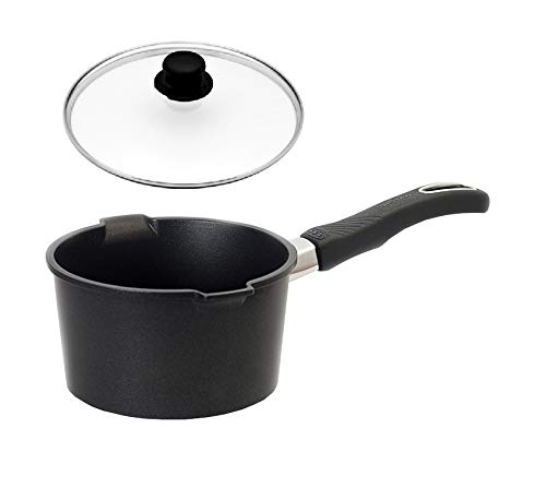Original Gundel Universal Milchtopf INDUKTION Ø 16 cm - Höhe 9 cm, Fassungsvermögen 1 l - mit Glasdeckel inkl. Deckelknopf (entlüftbar) und abnehmbarem Griff, Biotoan-Oberfläche, Akku-Therm Boden von Original Gundel Pfannen
