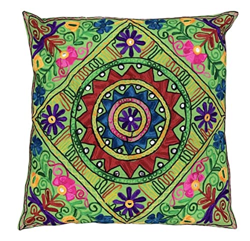 Handgefertigte, dekorative Kashmiri Suzani Mandala-Kissenbezüge aus Baumwolle, Pailletten-Spiegel, bestickt, Boho-Heimdekoration, indisches Yoga, Takiya, Outdoor, Indoor, 61 x 61 cm, vegan von Original Kikan