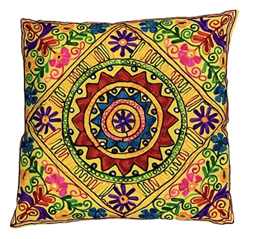 Handgefertigte, dekorative Kashmiri Suzani Mandala-Kissenbezüge aus Baumwolle, Pailletten-Spiegel, bestickt, Boho-Heimdekoration, indisches Yoga, Takiya, Outdoor, Indoor, 61 x 61 cm, vegan von Original Kikan