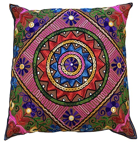 Handgefertigte 60 x 60 cm dekorative Kaschmiri Suzani Mandala Kissenbezüge Baumwolle Pailletten Spiegel bestickt Boho Home Decor, indisches Yoga Takiya, Outdoor | Indoor 61 x 61 cm Fall vegan von Original Kikan