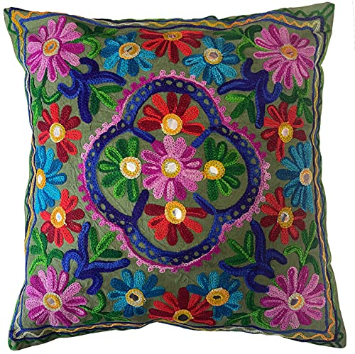 Kissenbezüge, dekorativ, Bestickt, Mandala-Blumenmuster, Ethno-Boho-Kissenbezug, Leuchtend bunter Bohemian-Bezug für Sofa, Couch, handgefertigter Schlafzimmer, Wohnzimmer, 40 x 40 cm (16 x 16 Zoll) von Original Kikan