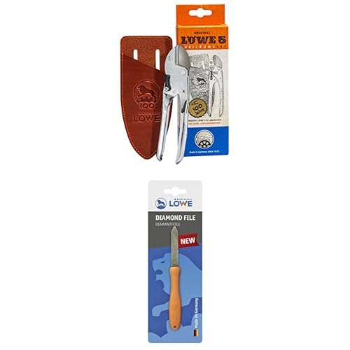 Original LÖWE Set bestehend aus Jubiläumsedition Garten Amboss Schere 5.100 mit handgefertigtem Lederholster & Diamantfeile 0023 für Scheren, Äxte und Werkzeuge von Original LÖWE